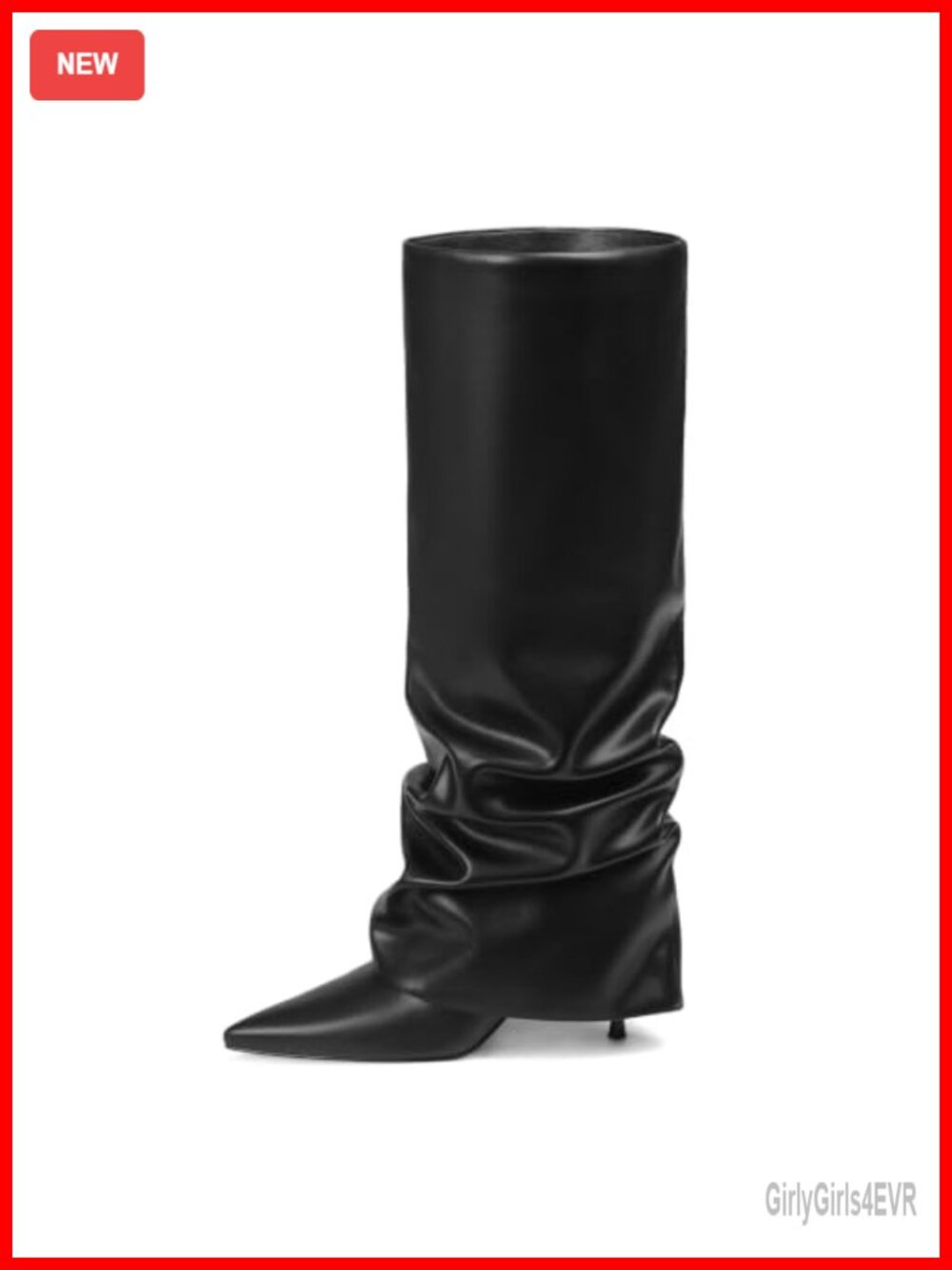 Wide Calf Faux Leather Knee High Stiletto Heel Boots Pointed Toe Fold Over